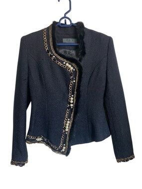 TOV Holy G Black Tweed Blazer Genuine Fur Details/Beaded Size 40